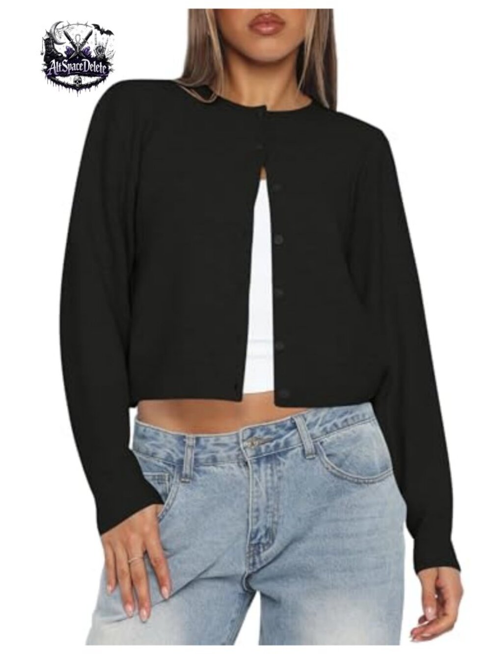 Cropped Lightweight Knit Cardigan Button Up Long Sleeve Crew Neck